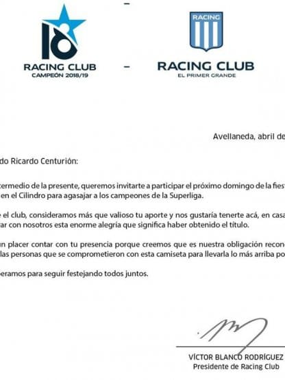 carta para centurión La Comu de Racing Club