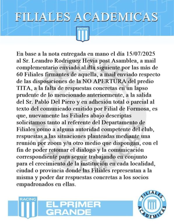 ¿Qué pasa entre las Filiales de Racing y el club? ¿Qué pasa entre las Filiales de Racing y el club?